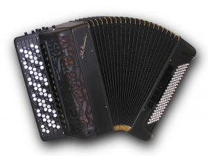 Chromatic button accordion of 64 notes (107 buttons) and 120 bass with tone chamber (cassotto) and converter to melody bass 
