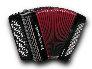 Chromatic button accordion of 52 notes (87 buttons) and 120 bass with converter to melody bass 