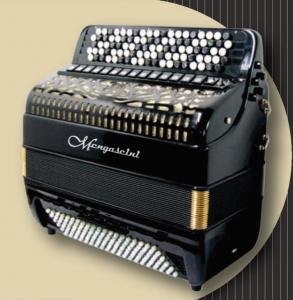 Chromatic button accordion of 58 notes (95 buttons) and 120 bass with tone chamber (cassotto) and converter to melody bass 