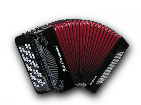 Chromatic button accordion of 45 notes (87 buttons) and 120 bass with tone chamber (cassotto) and converter to melody bass 